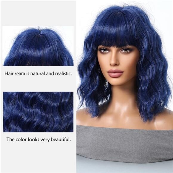 Shoulder Length Curly Wavy Wigs Blue - Picture 5 of 6